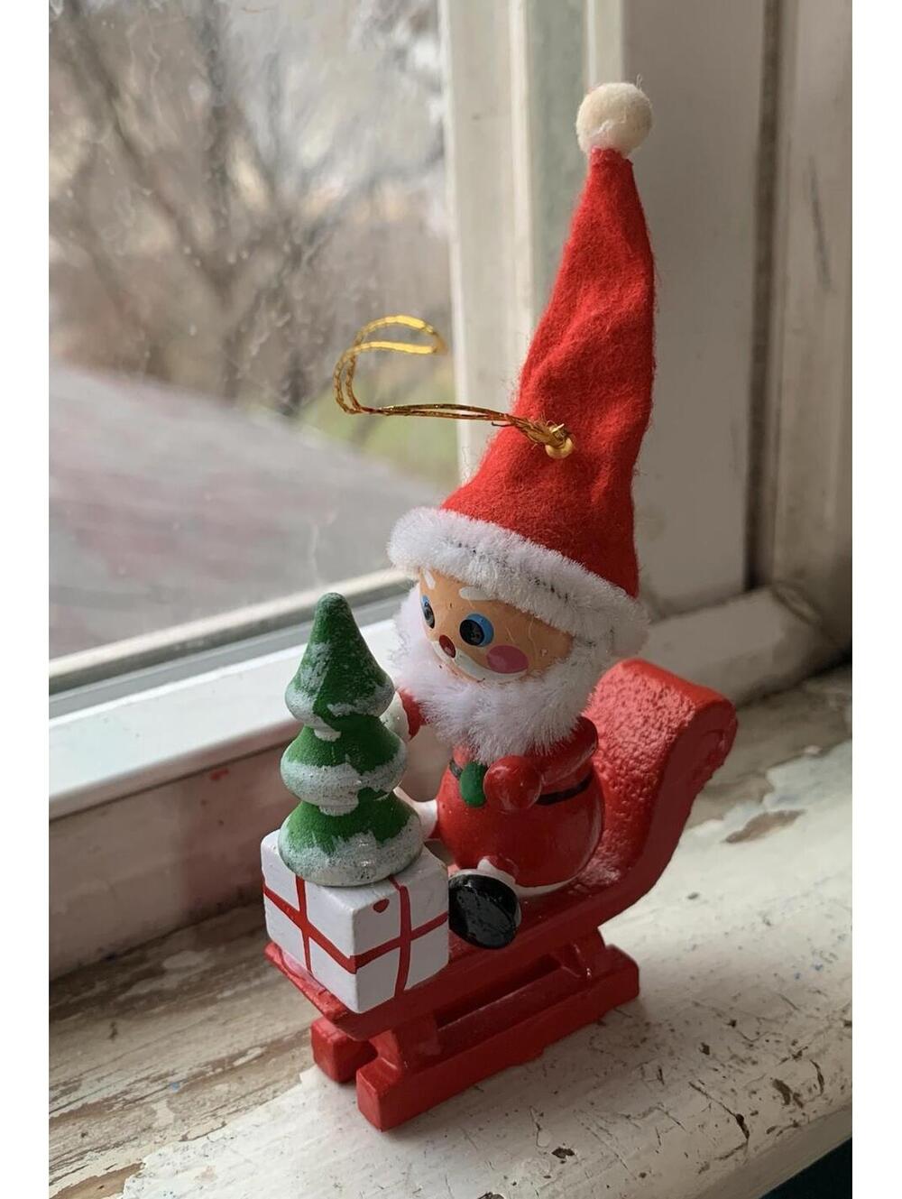 Vintage Wooden Santa Claus in Sleigh Christmas Tree Ornament Possible German 4”